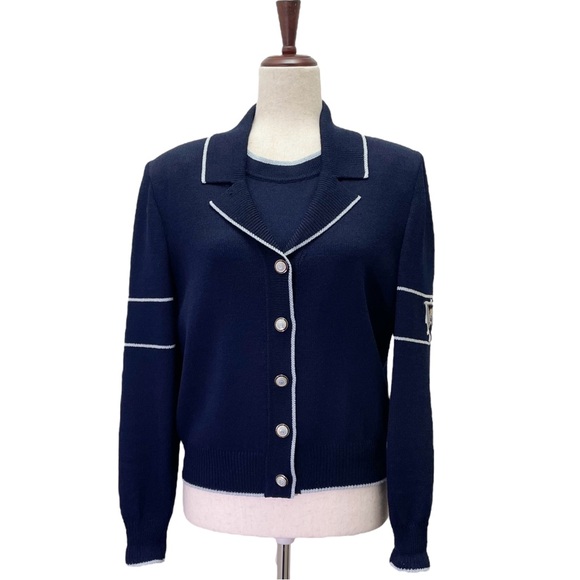 St. John Sport Santana Knit Cardigan Sweater Set Navy Blue Wool Blend Size S/M - Picture 1 of 16